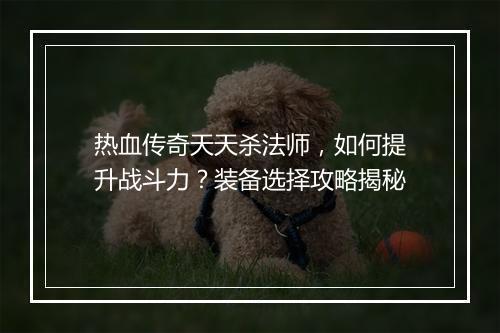 热血传奇天天杀法师，如何提升战斗力？装备选择攻略揭秘