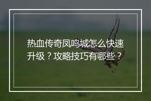 热血传奇凤鸣城怎么快速升级？攻略技巧有哪些？