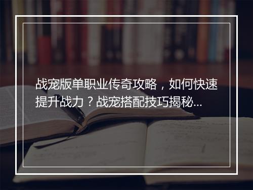 战宠版单职业传奇攻略，如何快速提升战力？战宠搭配技巧揭秘！