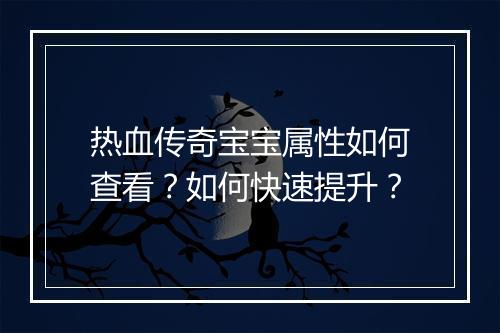 热血传奇宝宝属性如何查看？如何快速提升？