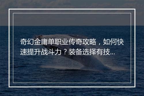 奇幻金庸单职业传奇攻略，如何快速提升战斗力？装备选择有技巧吗？