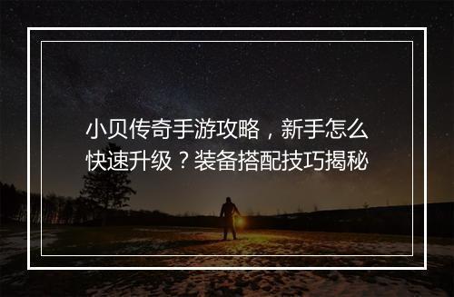 小贝传奇手游攻略，新手怎么快速升级？装备搭配技巧揭秘