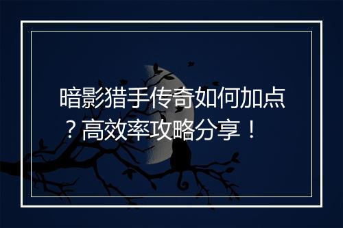 暗影猎手传奇如何加点？高效率攻略分享！