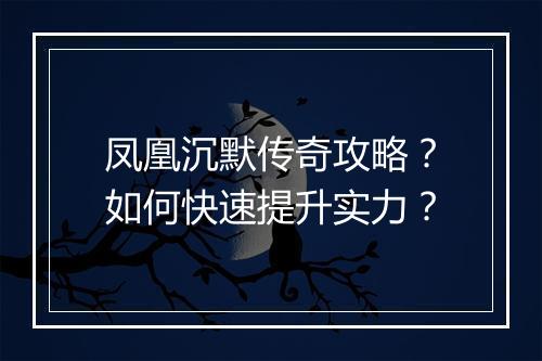 凤凰沉默传奇攻略？如何快速提升实力？