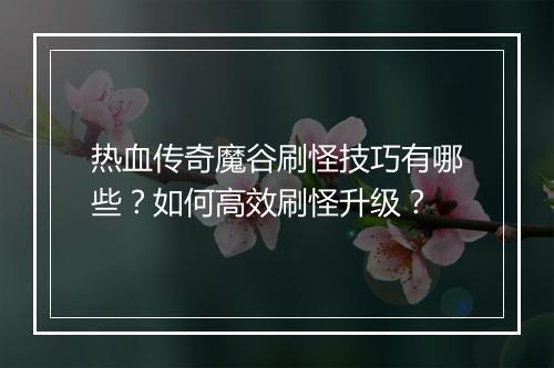 热血传奇魔谷刷怪技巧有哪些？如何高效刷怪升级？