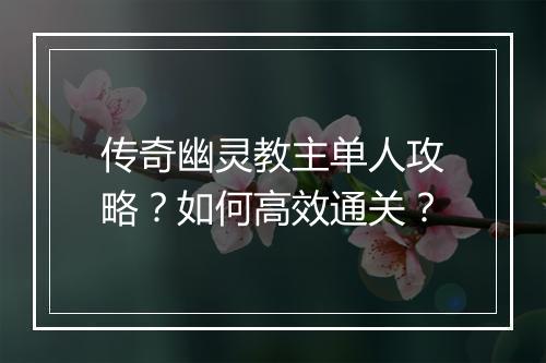 传奇幽灵教主单人攻略？如何高效通关？