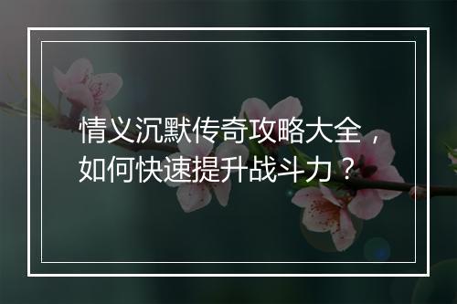 情义沉默传奇攻略大全，如何快速提升战斗力？
