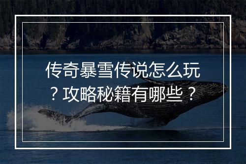 传奇暴雪传说怎么玩？攻略秘籍有哪些？