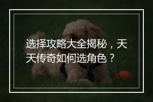 选择攻略大全揭秘，天天传奇如何选角色？