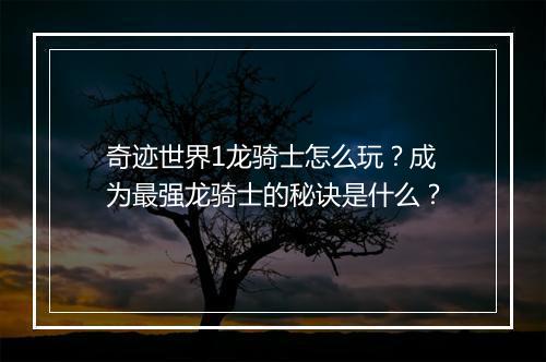 奇迹世界1龙骑士怎么玩？成为最强龙骑士的秘诀是什么？