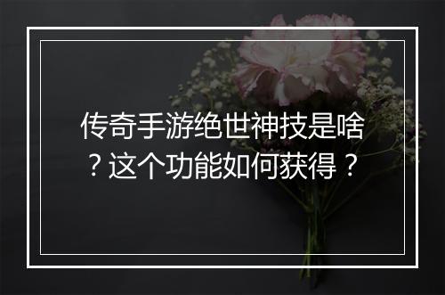 传奇手游绝世神技是啥？这个功能如何获得？