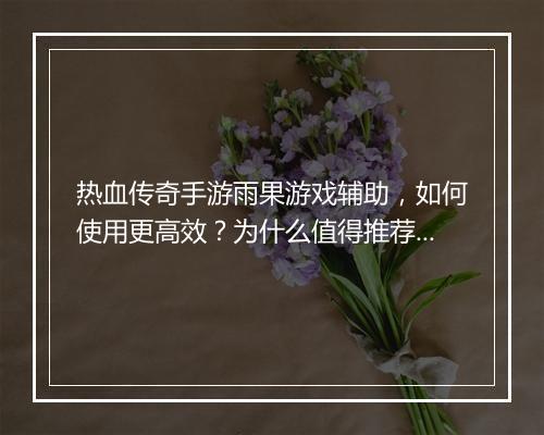 热血传奇手游雨果游戏辅助，如何使用更高效？为什么值得推荐？
