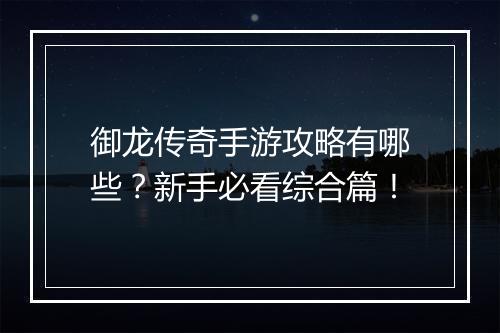 御龙传奇手游攻略有哪些？新手必看综合篇！