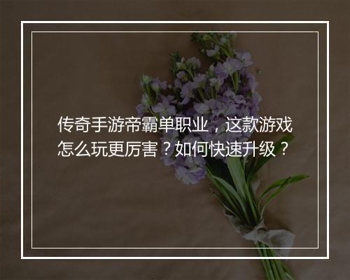 传奇手游帝霸单职业，这款游戏怎么玩更厉害？如何快速升级？