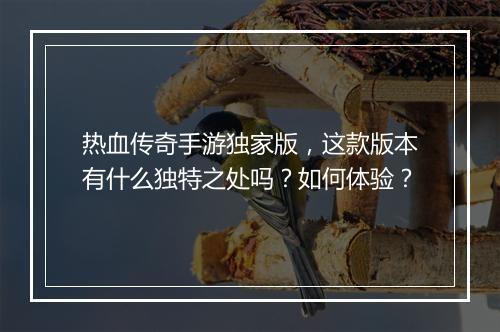 热血传奇手游独家版，这款版本有什么独特之处吗？如何体验？