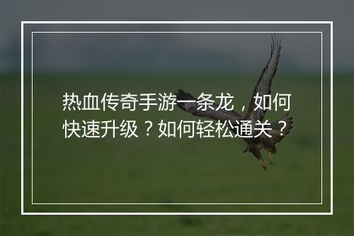 热血传奇手游一条龙，如何快速升级？如何轻松通关？