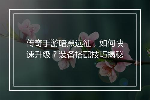 传奇手游暗黑远征，如何快速升级？装备搭配技巧揭秘