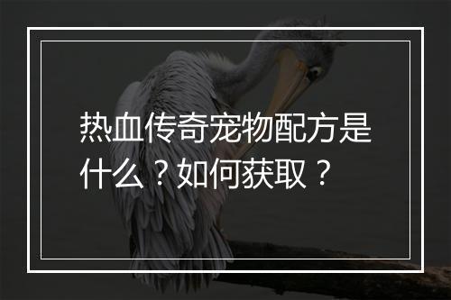 热血传奇宠物配方是什么？如何获取？