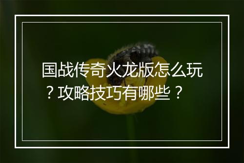 国战传奇火龙版怎么玩？攻略技巧有哪些？