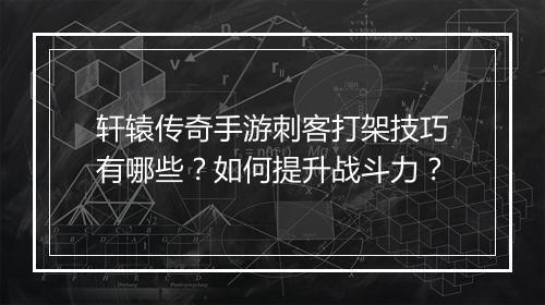 轩辕传奇手游刺客打架技巧有哪些？如何提升战斗力？