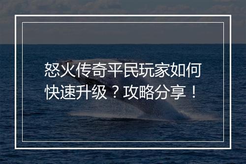 怒火传奇平民玩家如何快速升级？攻略分享！
