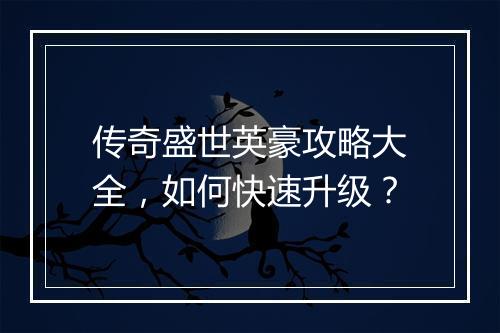 传奇盛世英豪攻略大全，如何快速升级？
