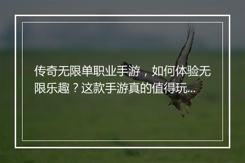 传奇无限单职业手游，如何体验无限乐趣？这款手游真的值得玩吗？