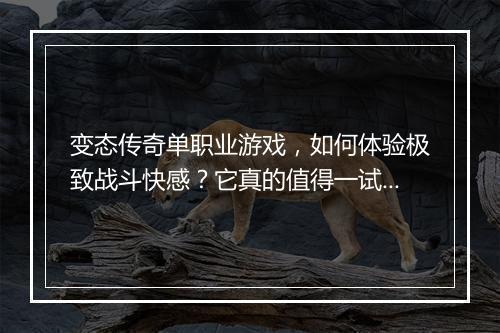 变态传奇单职业游戏，如何体验极致战斗快感？它真的值得一试吗？