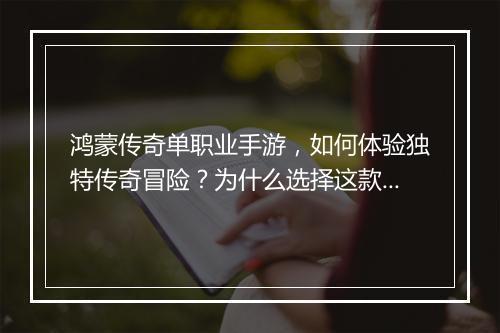 鸿蒙传奇单职业手游，如何体验独特传奇冒险？为什么选择这款游戏？