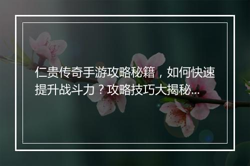 仁贵传奇手游攻略秘籍，如何快速提升战斗力？攻略技巧大揭秘！