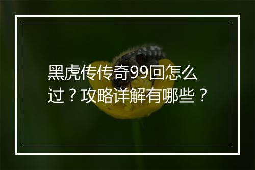 黑虎传传奇99回怎么过？攻略详解有哪些？