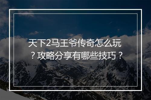 天下2马王爷传奇怎么玩？攻略分享有哪些技巧？