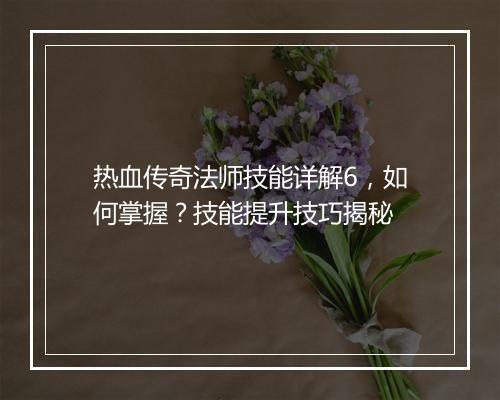 热血传奇法师技能详解6，如何掌握？技能提升技巧揭秘