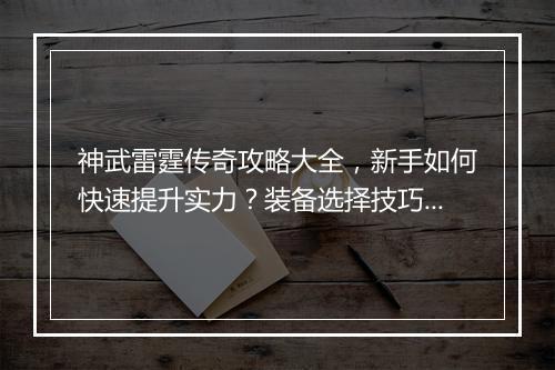 神武雷霆传奇攻略大全，新手如何快速提升实力？装备选择技巧揭秘？