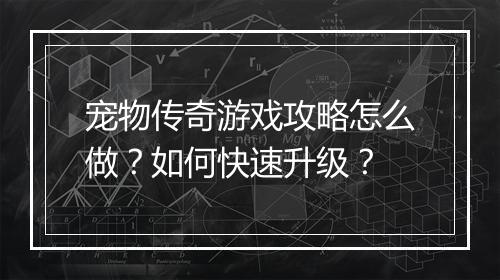 宠物传奇游戏攻略怎么做？如何快速升级？