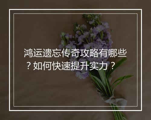 鸿运遗忘传奇攻略有哪些？如何快速提升实力？