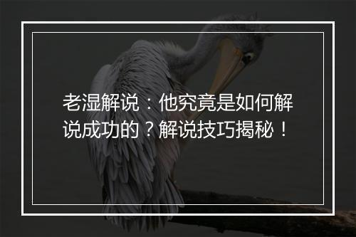 老湿解说：他究竟是如何解说成功的？解说技巧揭秘！