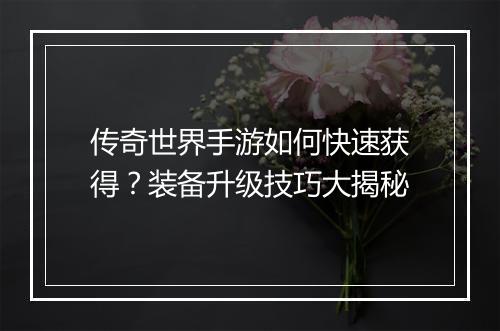 传奇世界手游如何快速获得?装备升级技巧大揭秘