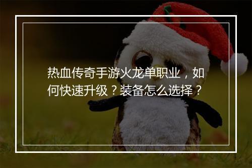 热血传奇手游火龙单职业，如何快速升级？装备怎么选择？