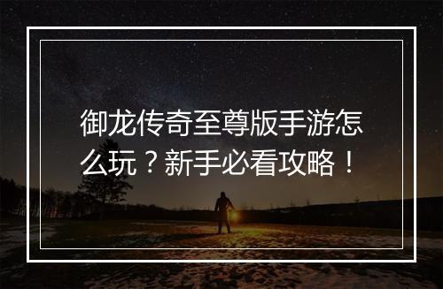 御龙传奇至尊版手游怎么玩？新手必看攻略！