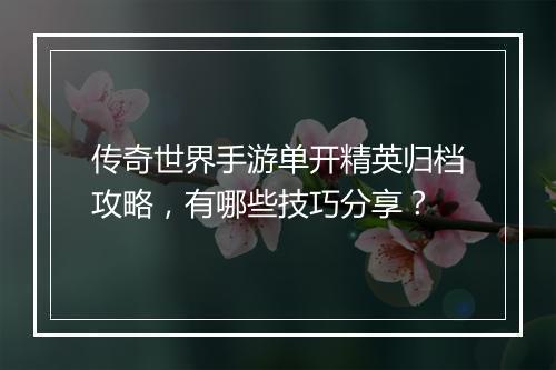 传奇世界手游单开精英归档攻略，有哪些技巧分享？