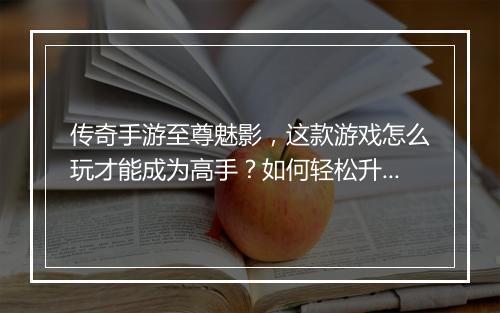 传奇手游至尊魅影，这款游戏怎么玩才能成为高手？如何轻松升级？