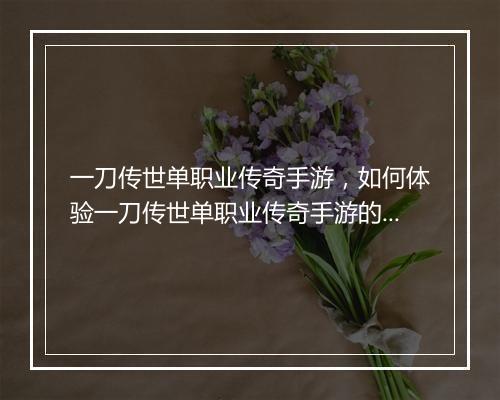 一刀传世单职业传奇手游，如何体验一刀传世单职业传奇手游的魅力？