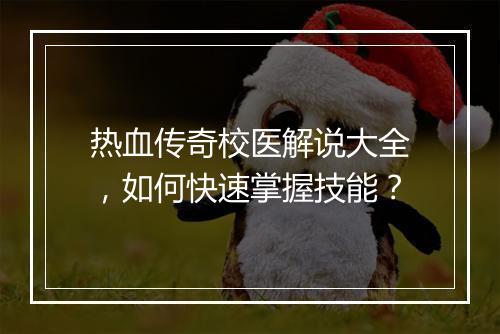 热血传奇校医解说大全，如何快速掌握技能？